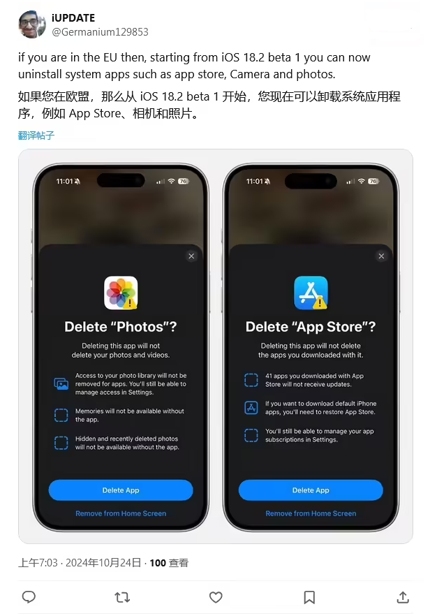 金台苹果手机维修分享iOS 18.2 支持删除 App Store 应用商店 